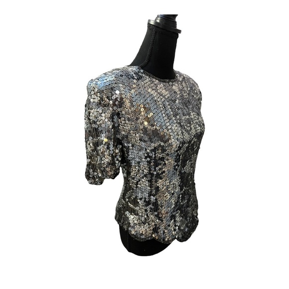 Vintage Scala Sequined Silk Top Silver Scalloped Small Large - Picture 3 of 6